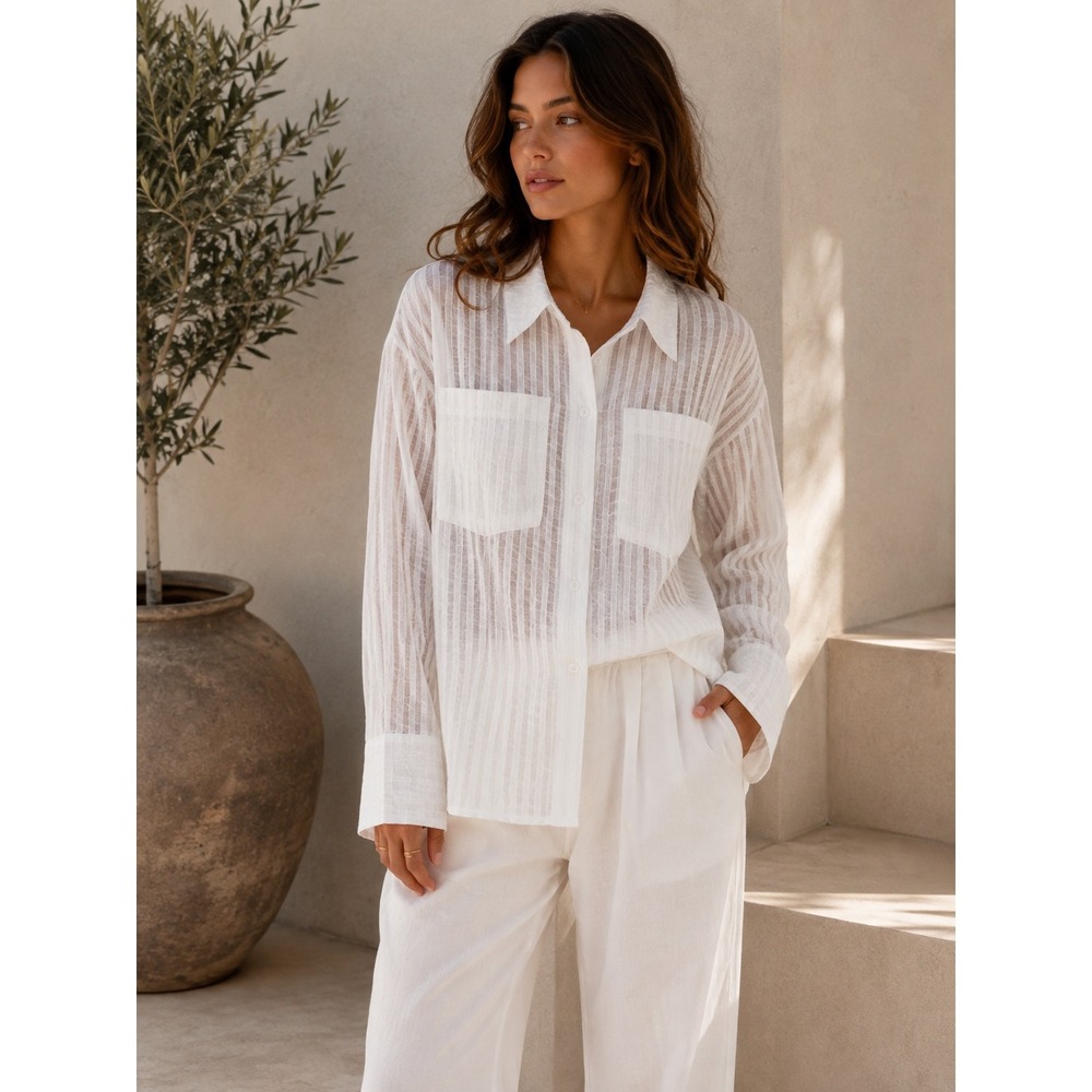 Commense Elegant White Sheer Textured Button Down Collared Shirt Blouse XS
